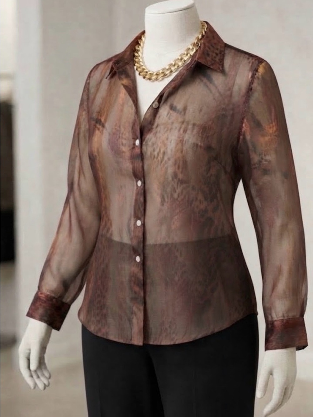 Chico's Women’s Sheer Burnt Orange Button-Up Shirt . Mother of pearl’s buttons.